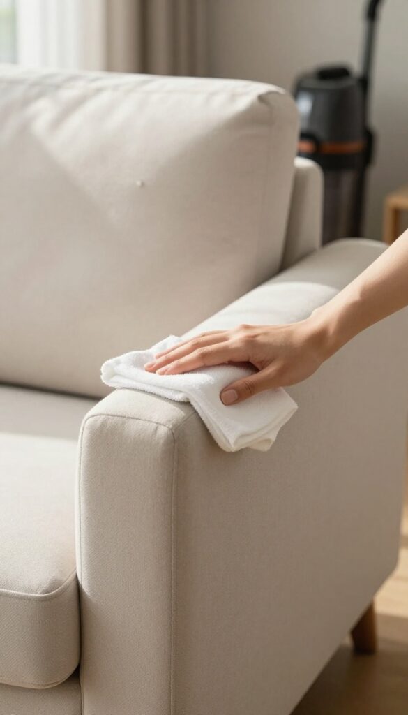 Person blotting a spill on an upholstered sofa with a cloth in a bright living room