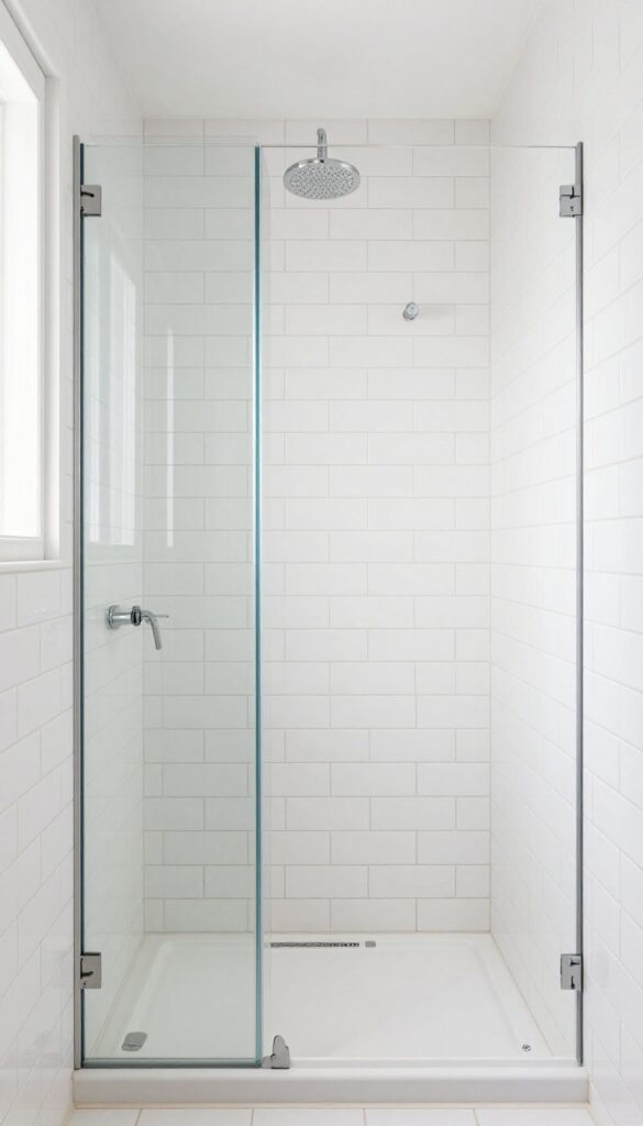 Bathroom shower with vertical stacked white subway tiles and glass enclosure