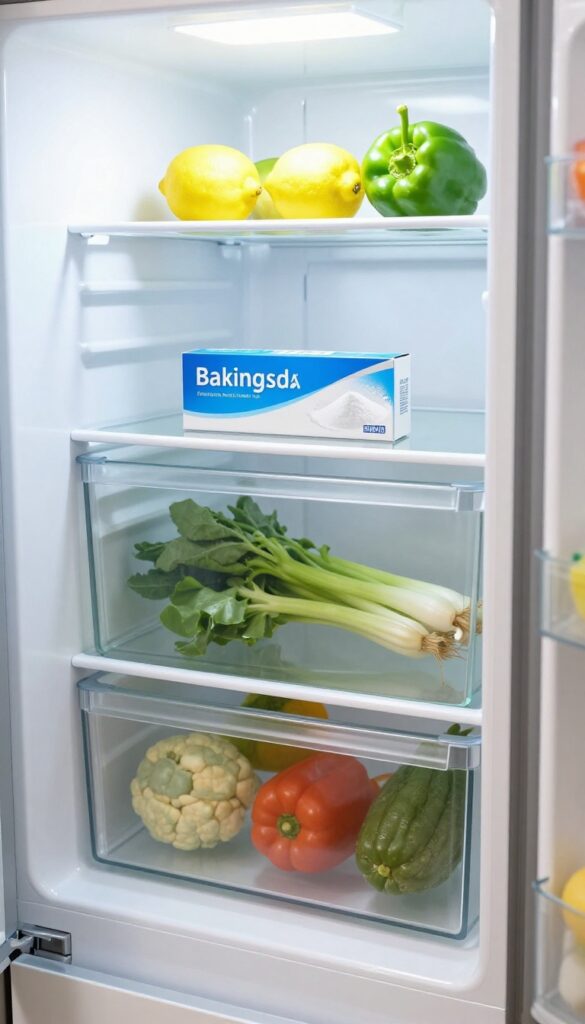 Open box of baking soda on a clean refrigerator shelf with fresh produce and bright natural light