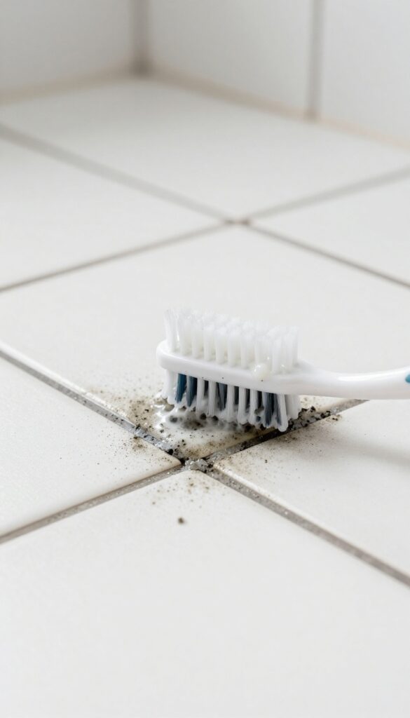 Cleaning moldy grout with bleach solution and toothbrush
