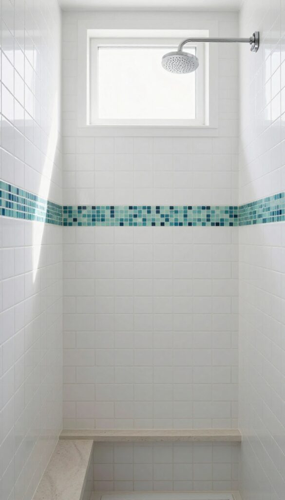 Small shower with white subway tiles and a narrow mosaic accent strip at eye level, adding subtle texture and depth