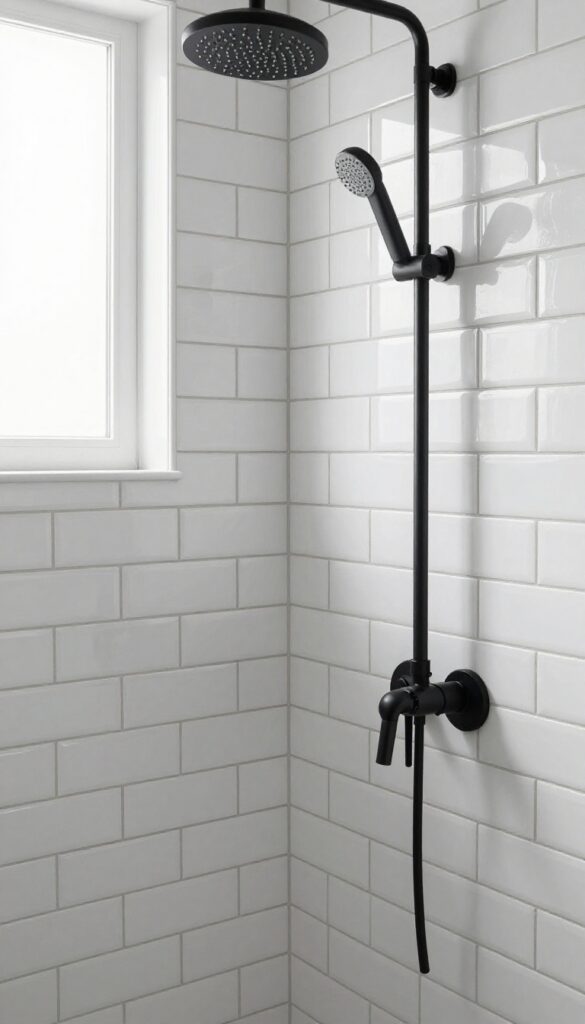Glossy white subway tiles with dark grout in a bright shower, featuring matte black fixtures and natural light