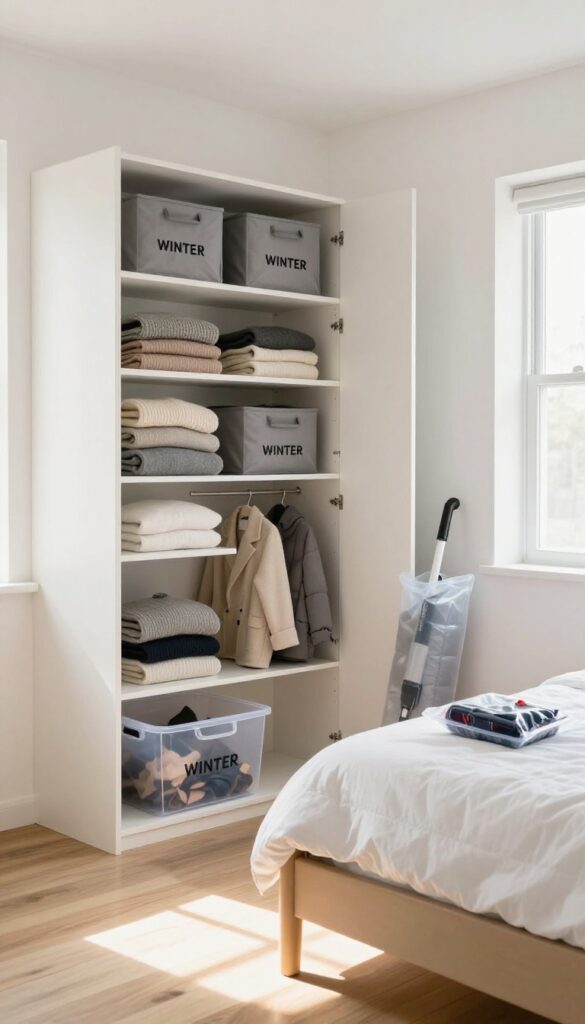 Organized closet with seasonal storage bins and vacuum-sealed bags on a bed