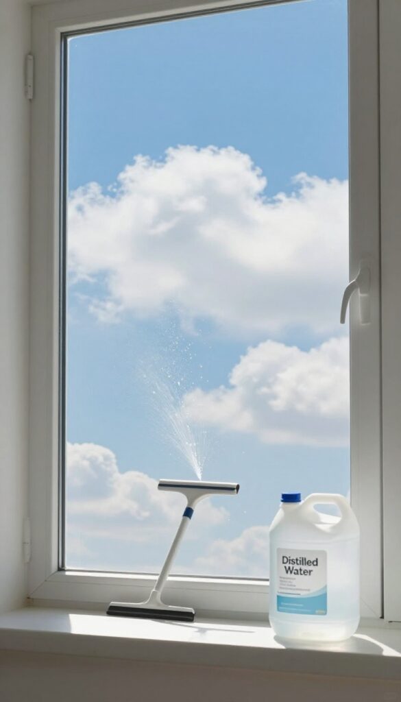 Sparkling clean window being sprayed with distilled water, with a squeegee and distilled water jug nearby, reflecting bright sky and clouds.