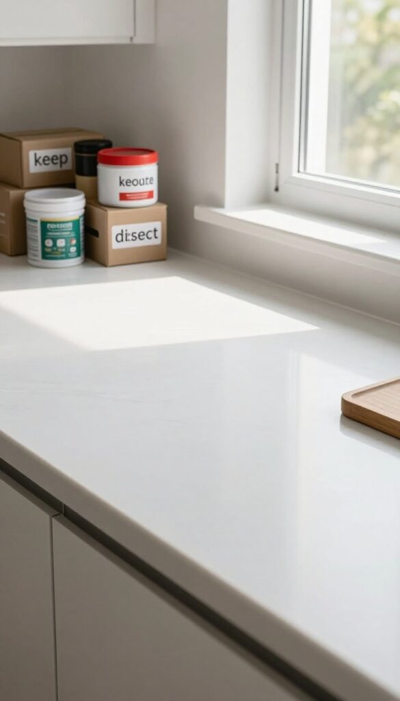 Bare kitchen countertop with natural light, items sorted into boxes for decluttering.