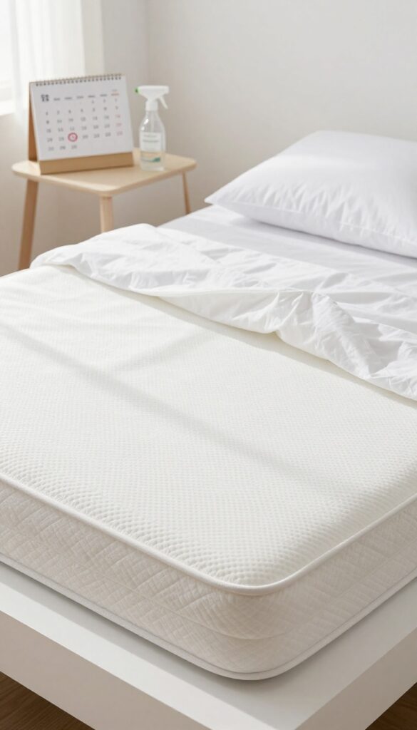 A clean bed with fresh sheets and a mattress protector, a calendar and cleaning spray on the nightstand, symbolizing a regular mattress cleaning schedule.