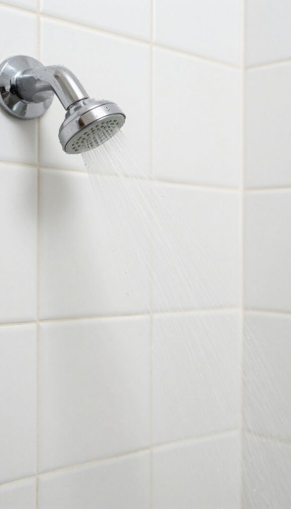 Close-up of shower tile being wetted with warm water from a handheld showerhead, with soft natural light and visible water droplets on the surface.