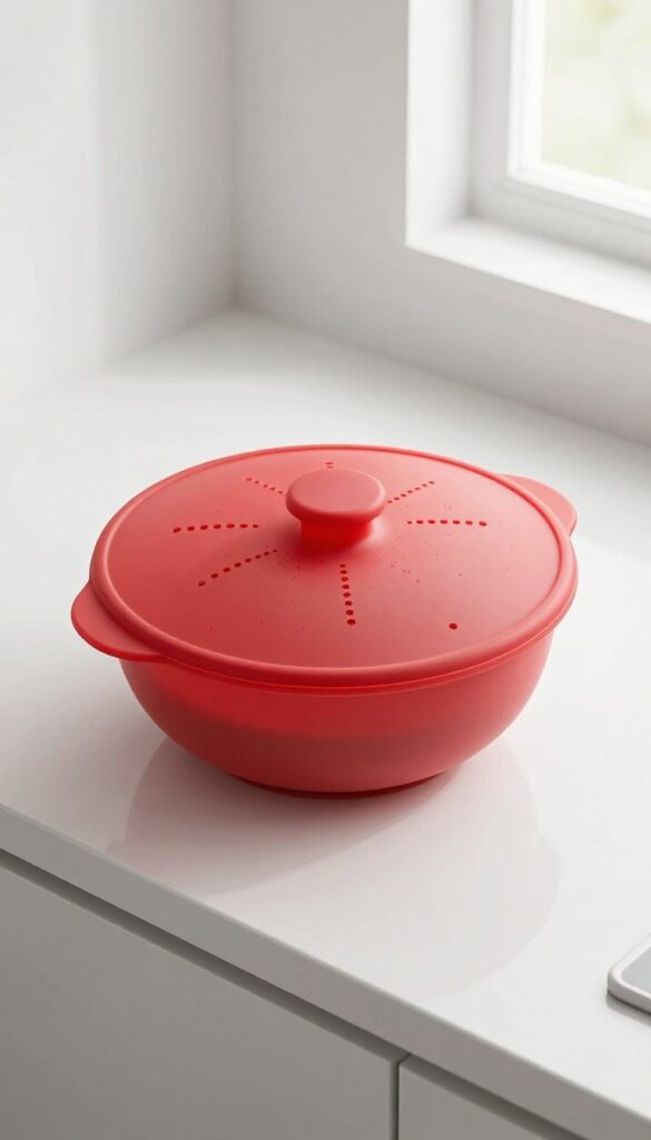 Silicone microwave cover over a bowl of soup, preventing splatters in a clean microwave