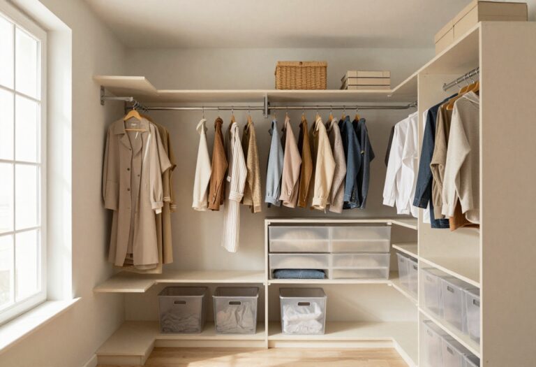 A neatly organized closet with clothes sorted by color and uniform hangers