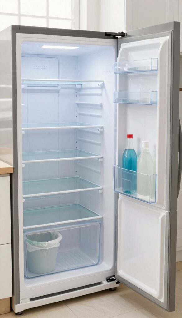 Empty refrigerator with open door, shelves and drawers removed for cleaning, bright natural kitchen light