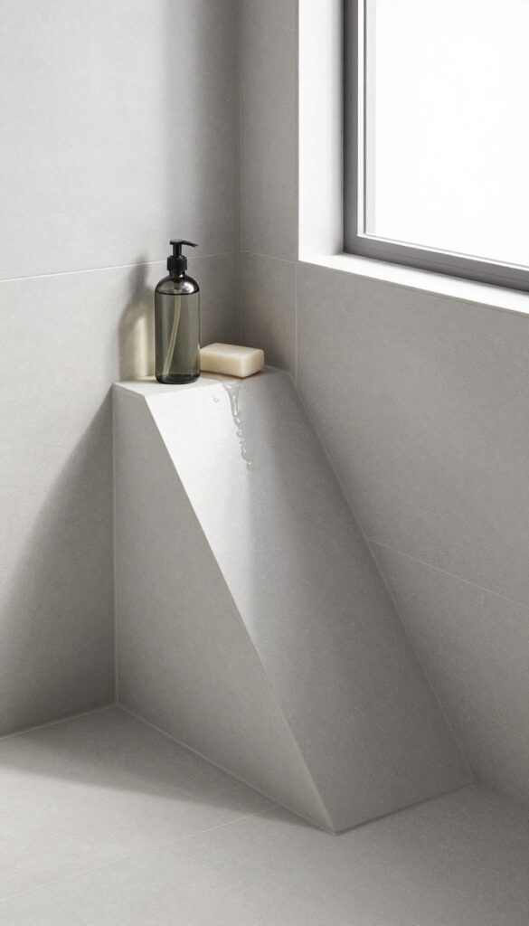 Shower niche with sloped bottom for drainage, featuring a shampoo bottle and soap on a tiled surface with natural light