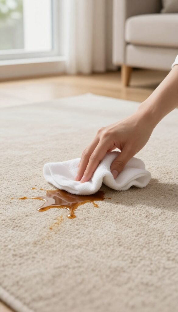Hand blotting a coffee stain on a beige carpet with a white cloth, bright natural light