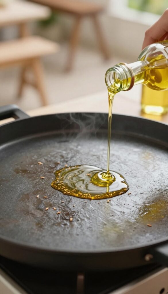Seasoning a Blackstone griddle with oil after a deep clean to restore the non-stick surface.