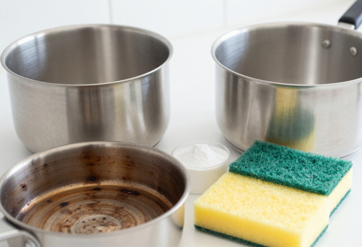 Burnt pot bottom compared to a clean one with cleaning supplies nearby
