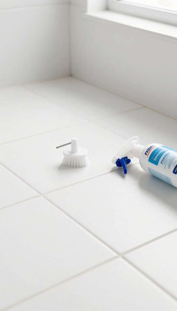 Commercial grout cleaner and brush on white tiled floor