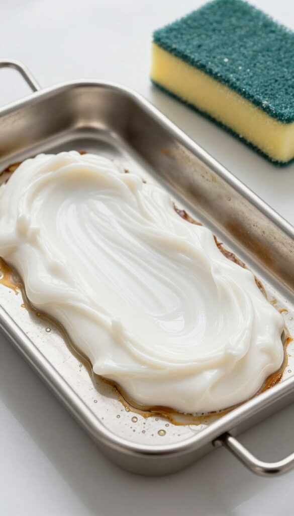 Applying baking soda and hydrogen peroxide paste to a stained oven rack