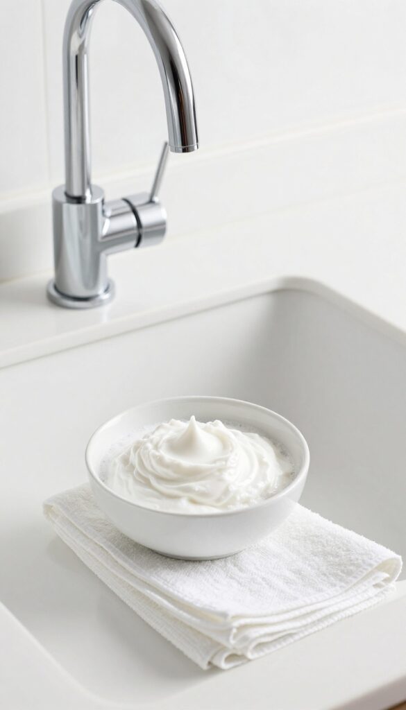 Chrome faucet with vinegar and baking soda paste and microfiber cloth for cleaning