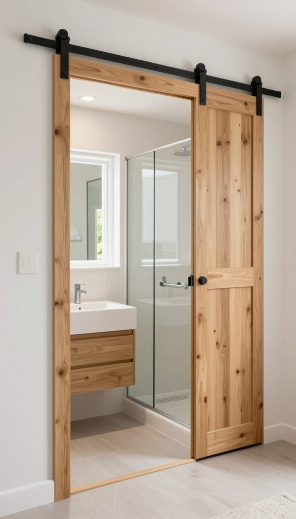 Tiny bathroom with sliding barn door and compact shower layout
