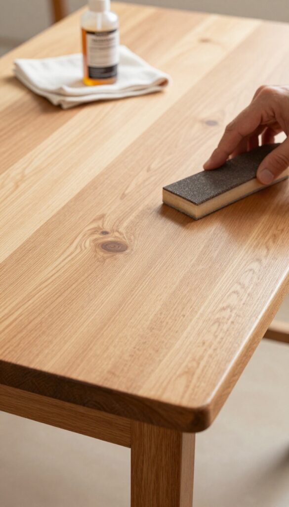 Professional wood refinisher's hand sanding an antique wooden table with a warm, restored finish