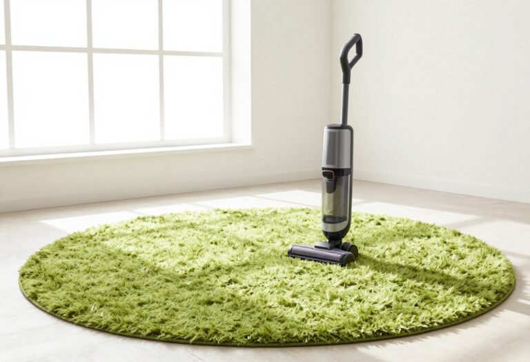 A clean, fluffy rug in a sunlit living room, looking fresh and revived after cleaning.