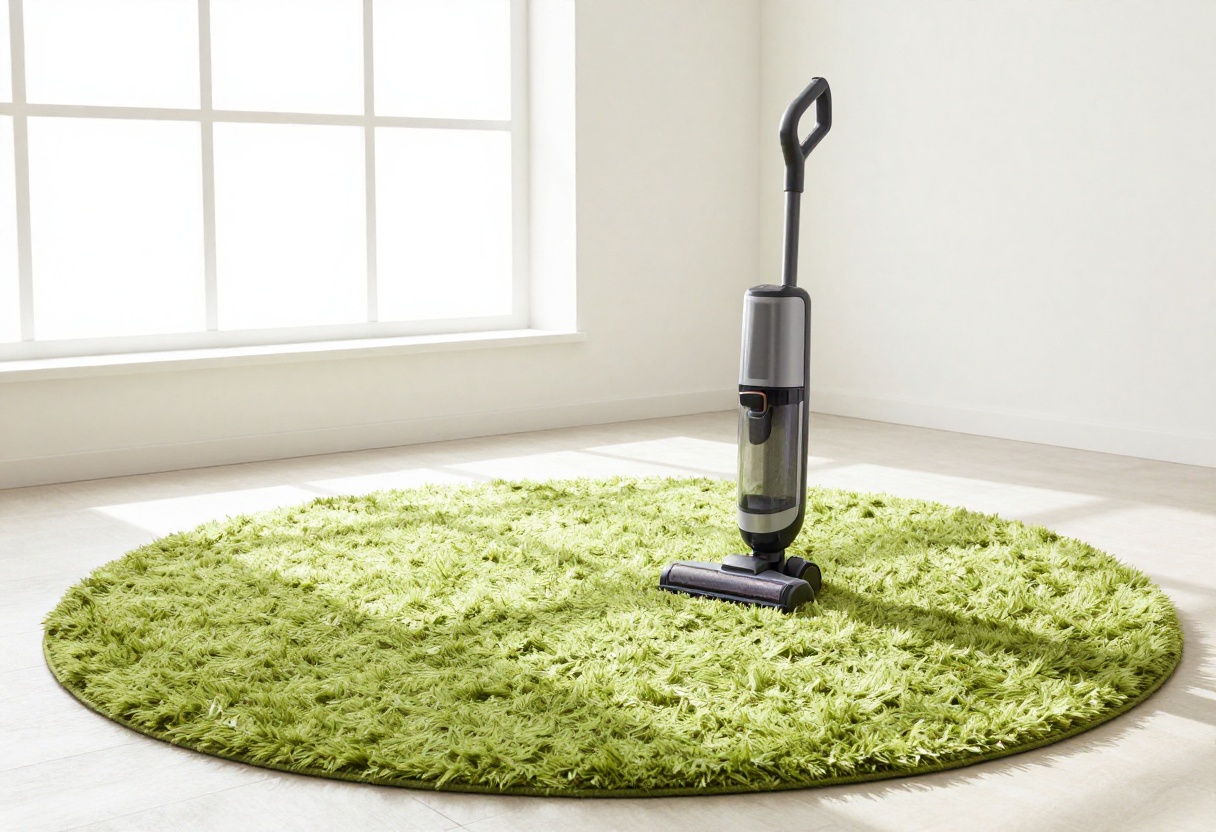 A clean, fluffy rug in a sunlit living room, looking fresh and revived after cleaning.