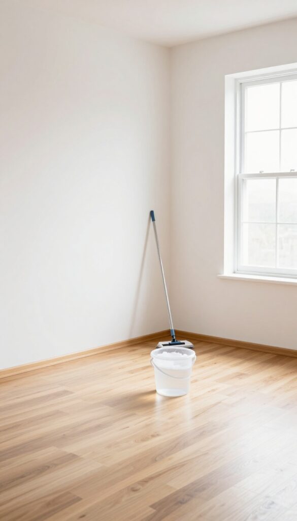 Empty room with hardwood floors, cleaning supplies, and natural sunlight
