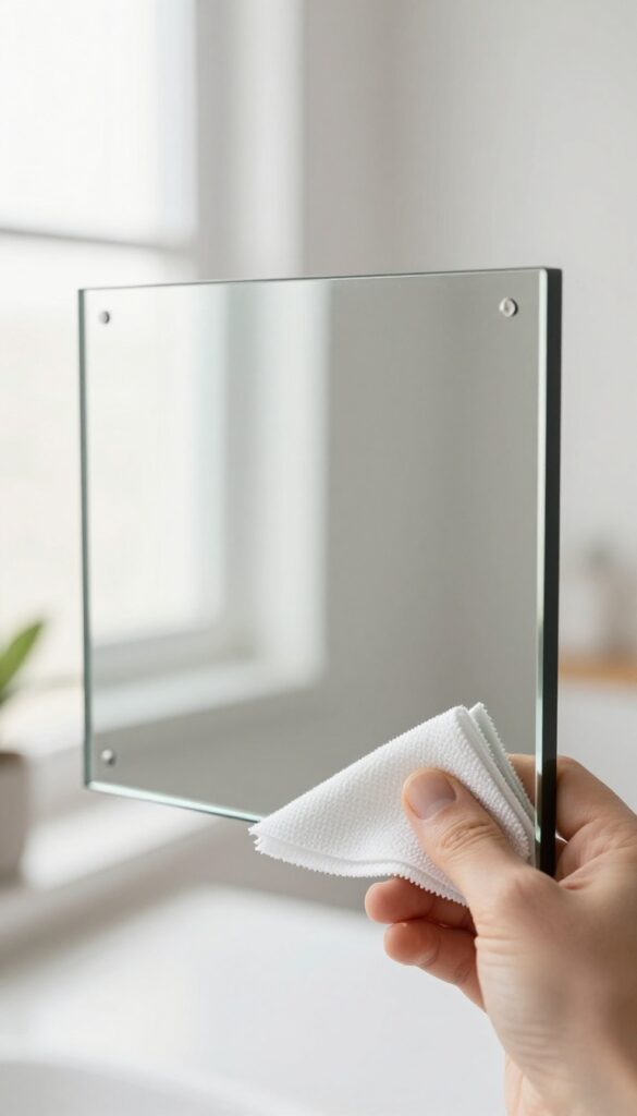 Person cleaning a mirror with a microfiber cloth, streak-free shine, bright room reflection.