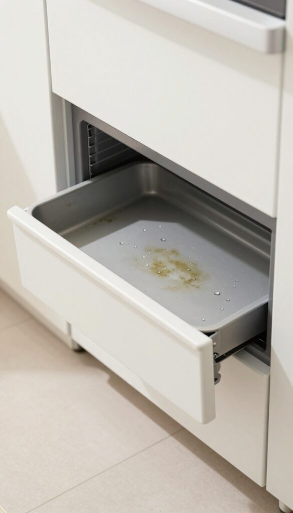Removing the drip pan from under the refrigerator for cleaning