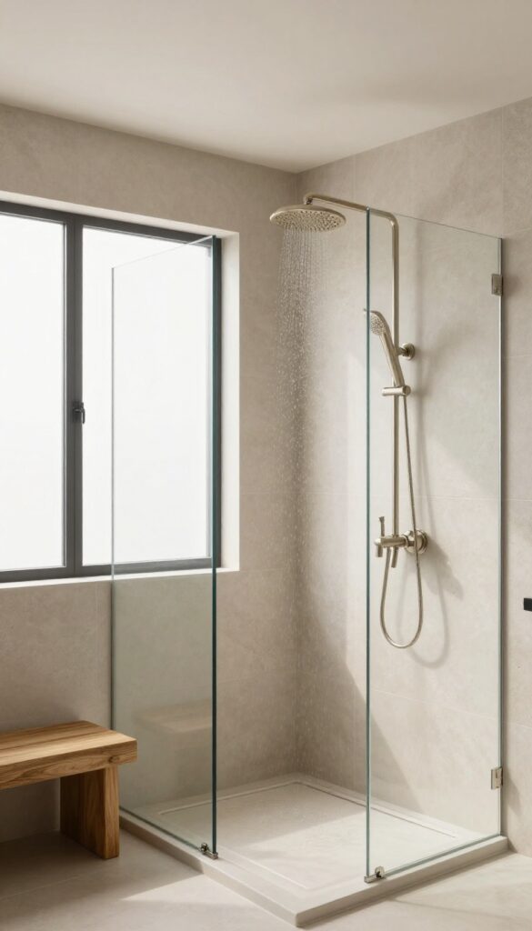 A master bathroom with a ceiling-mounted rainfall showerhead, stone tiles, wooden bench, and glass enclosure, bathed in natural light.