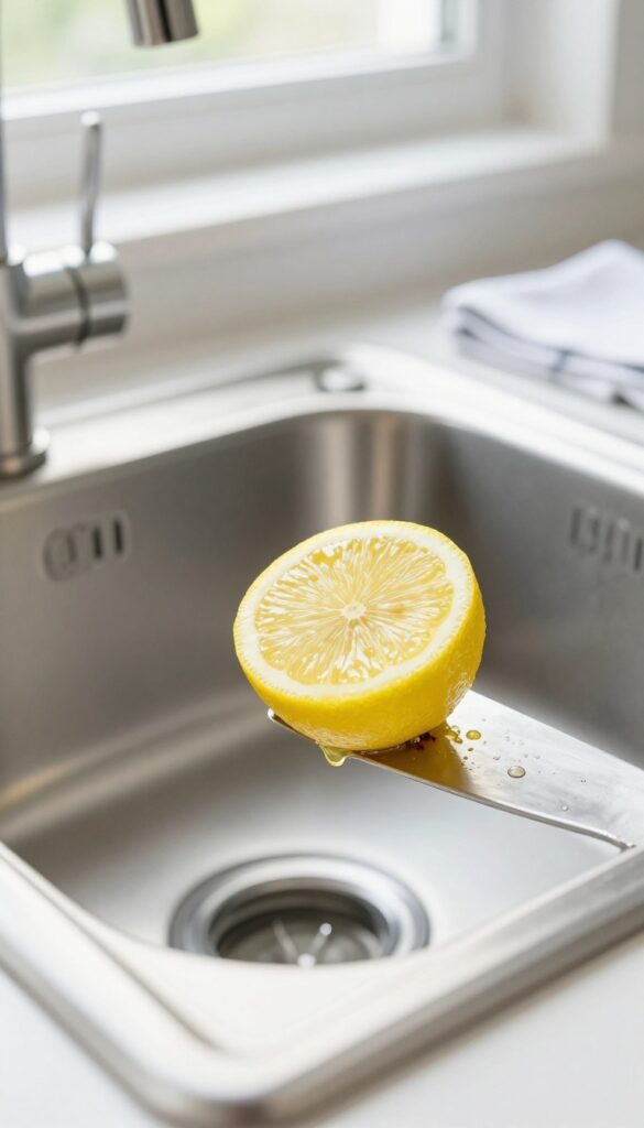 Close-up of a stainless steel sink with a lemon half rubbing a rust spot, bright natural light, clean kitchen background.