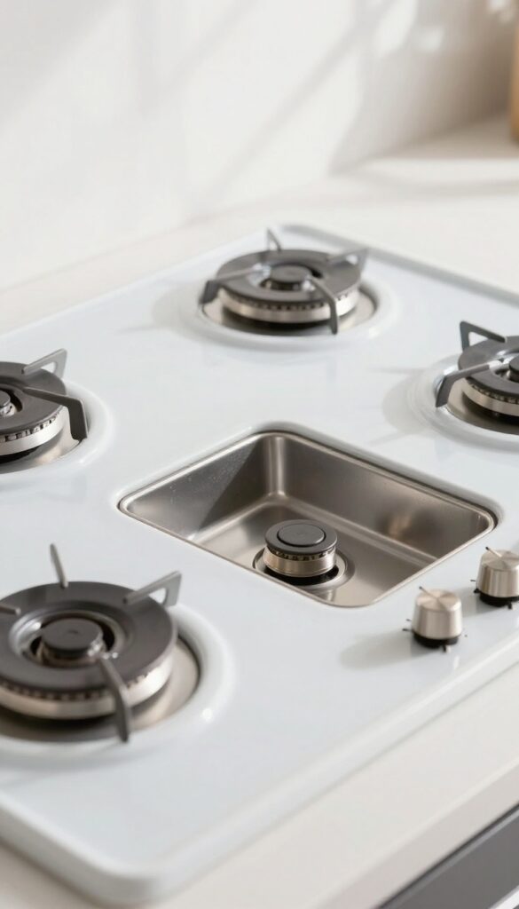 Close-up of a cool stove top with a removed burner and clean drip pan in natural light