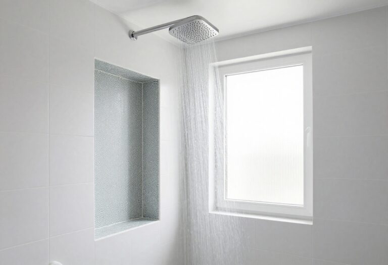 Modern shower with large white porcelain tiles and hexagon mosaic accent niche
