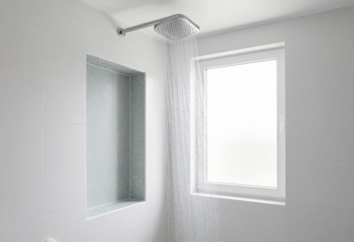 Modern shower with large white porcelain tiles and hexagon mosaic accent niche