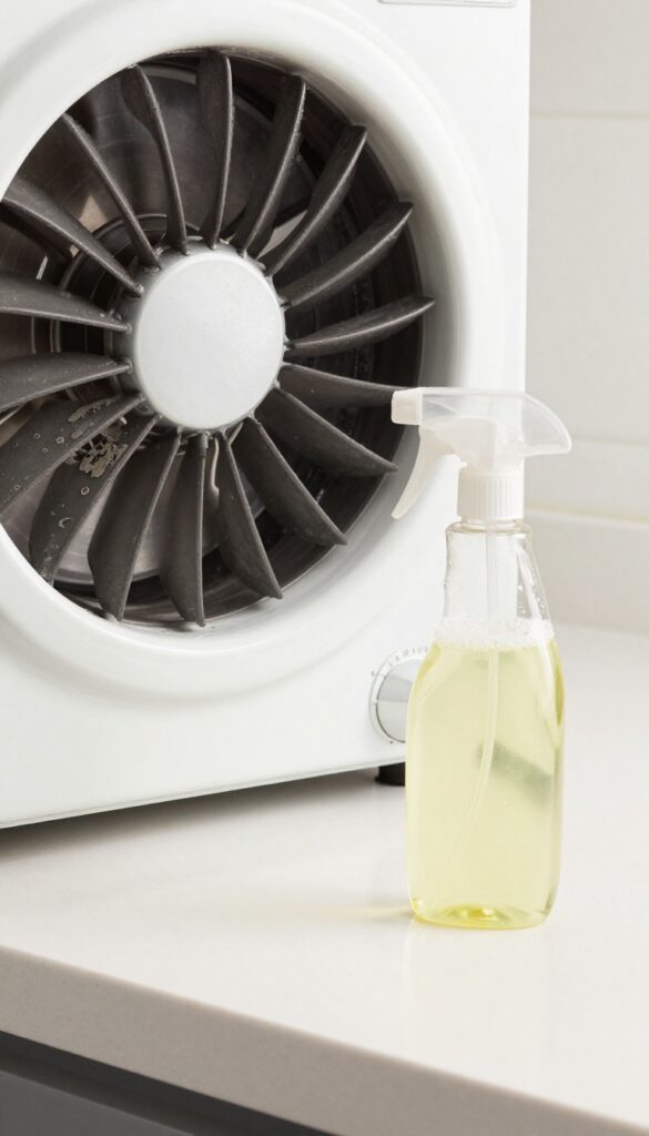Close-up of greasy oven fan blades with a spray bottle of dishwasher pod solution nearby