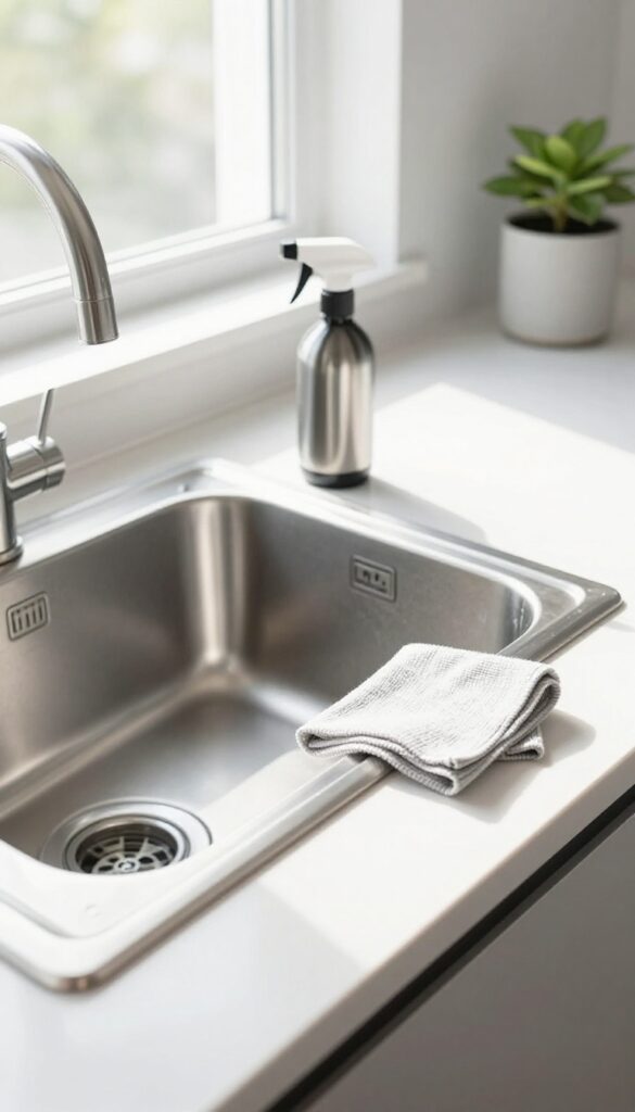 A clean stainless steel sink with a microfiber cloth and cleaner, reflecting sunlight in a bright kitchen.