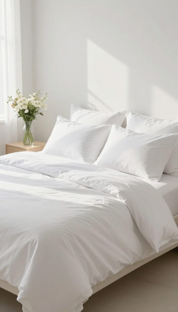 Freshly made bed with white linens and pillows in a bright bedroom