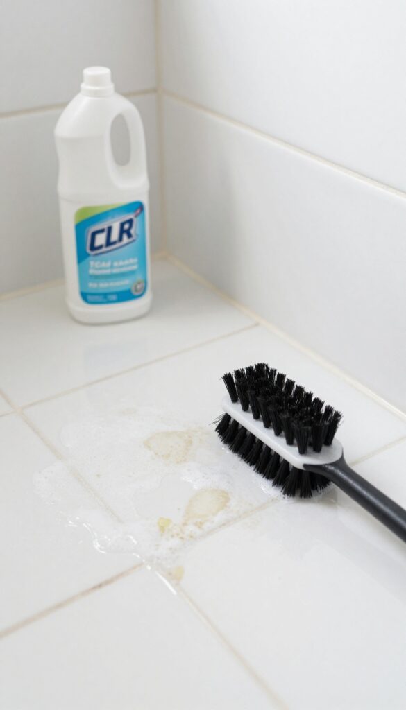 Commercial cleaner on shower floor with scrub brush