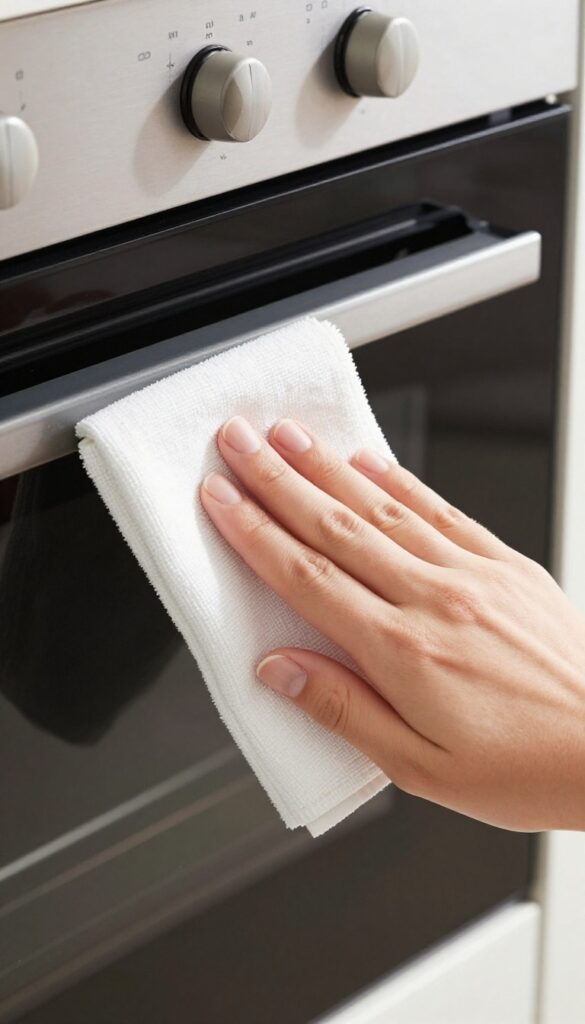 Person carefully cleaning the rubber gasket of an oven door with a damp cloth