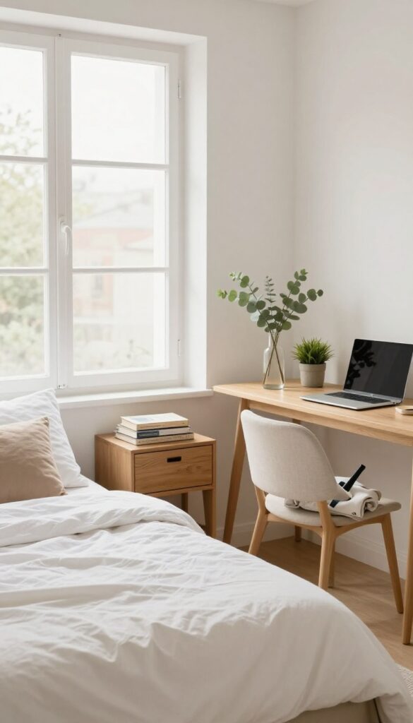 A clean, organized bedroom with natural light, a made bed, and minimal decor, representing a weekly reset session for home organization.