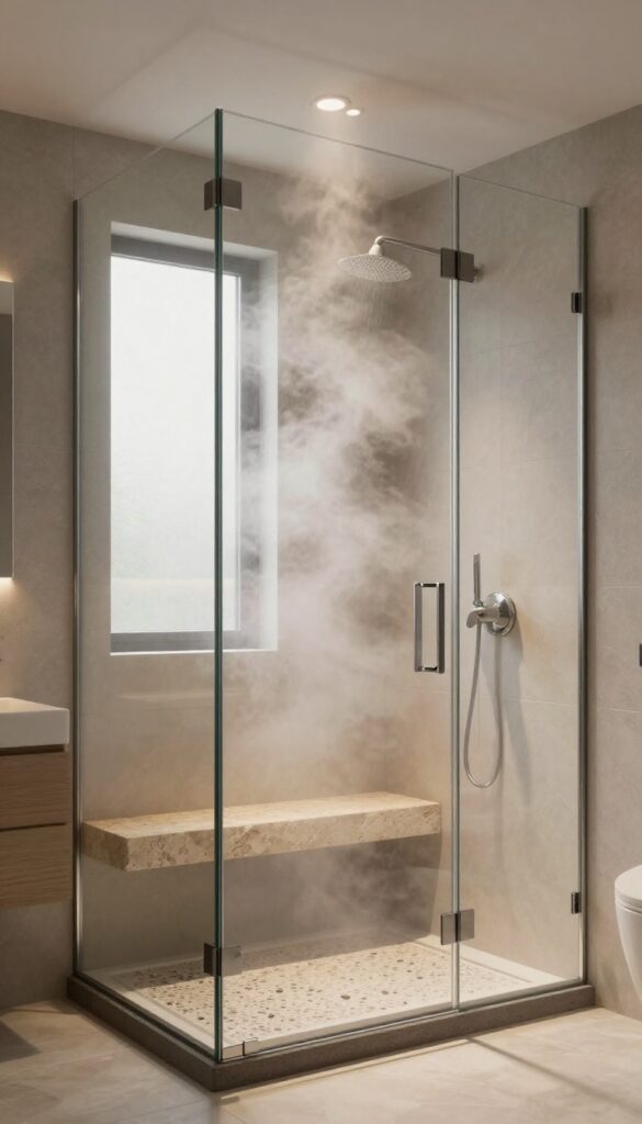 Steam shower with glass enclosure, stone bench, and soft lighting in a modern bathroom