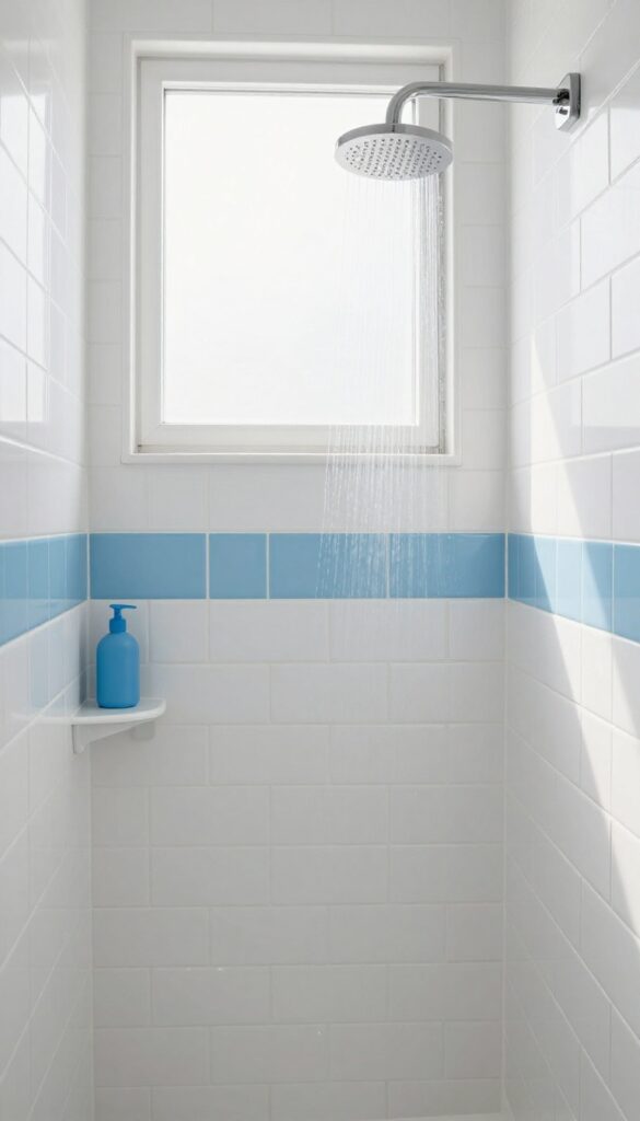 White subway tile shower with a horizontal blue accent stripe, natural light, modern bathroom