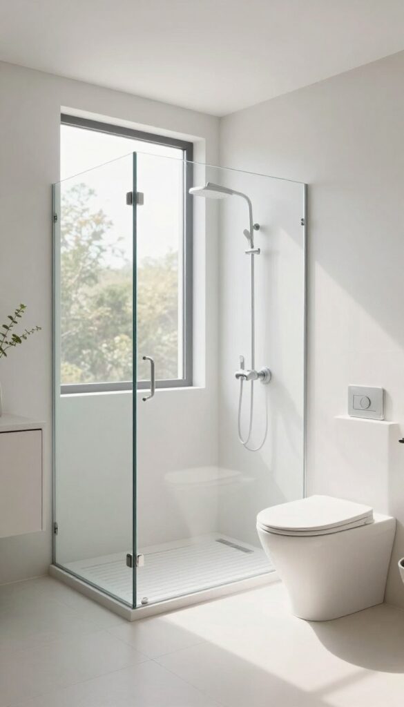 Walk-in wet room with glass divider in a bright, minimalist bathroom