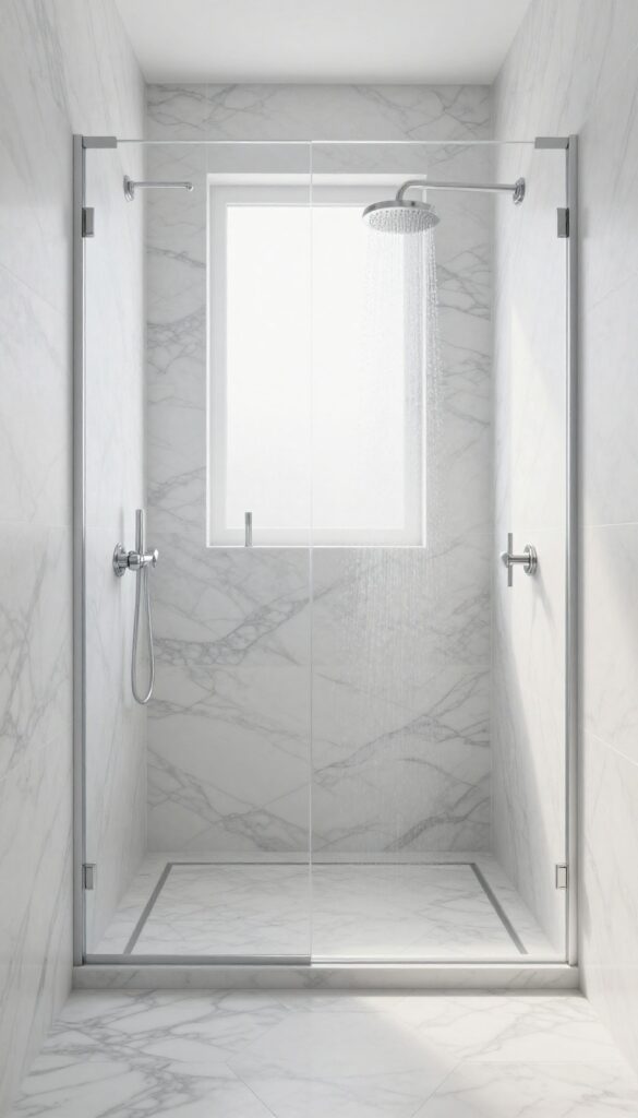 Bright bathroom shower with Carrara marble tiles, hexagon floor, and brushed nickel fixtures