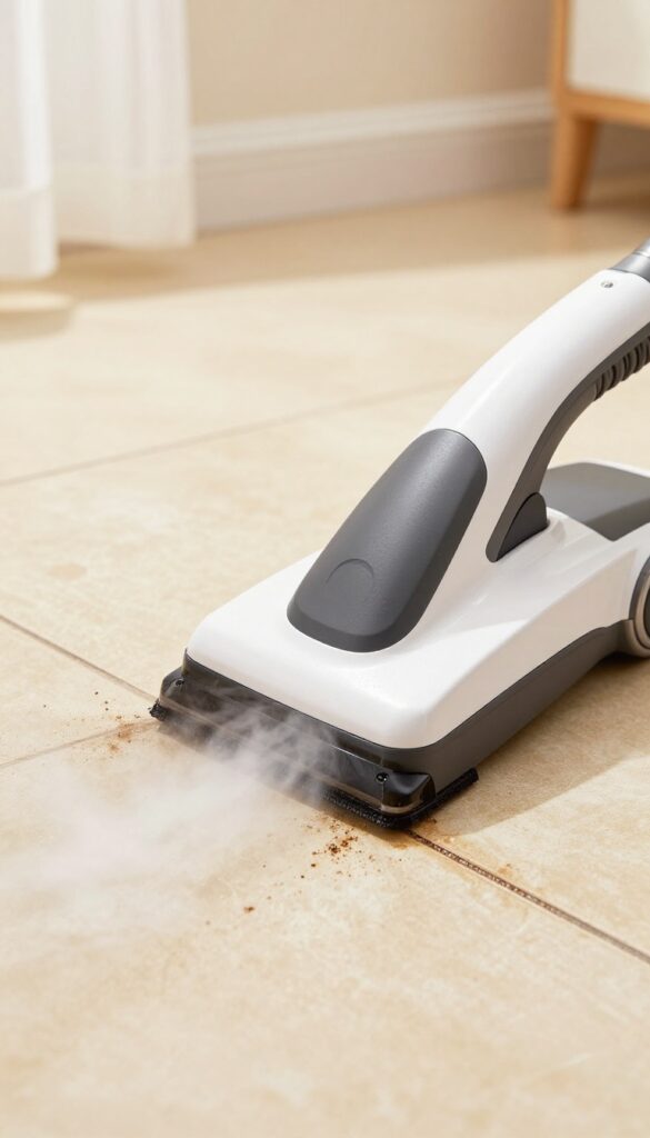 Steam cleaner cleaning grout lines on ceramic tile floor