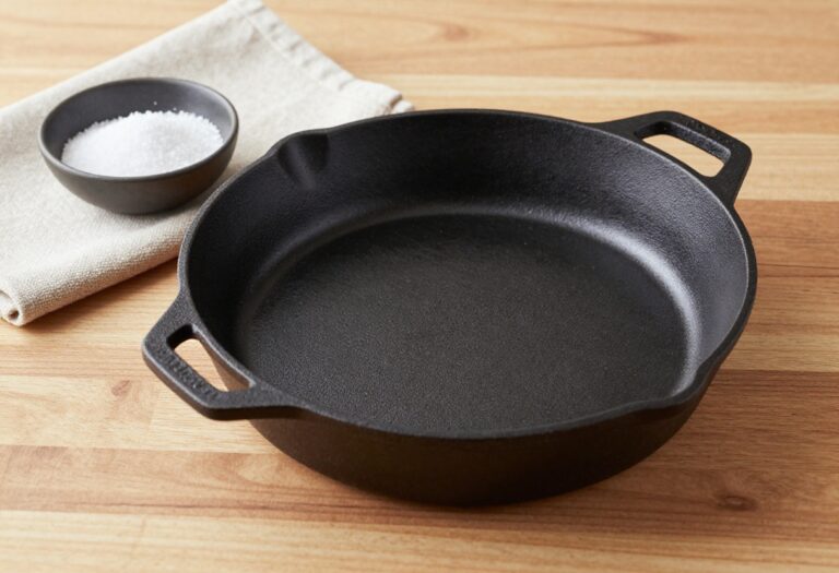 Shiny cast iron skillet with cleaning tools on a wooden table
