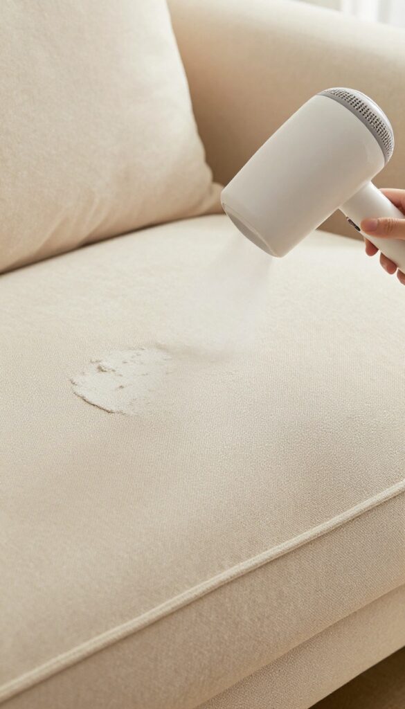 Drying a microfiber couch cushion with a hairdryer on cool setting to prevent water rings