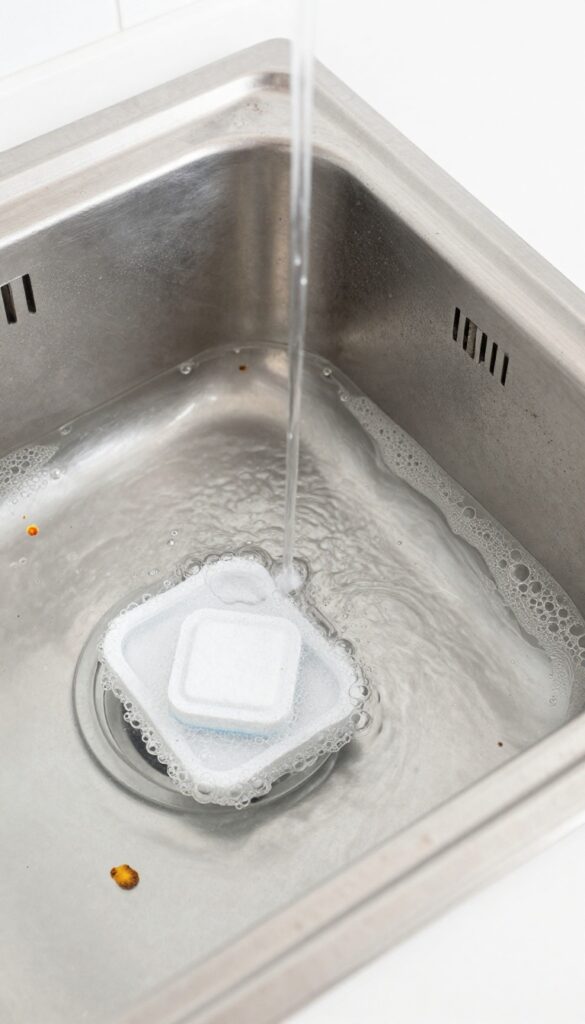 Dishwasher tablet dissolving in hot water with a baking sheet submerged to remove burnt grease marks