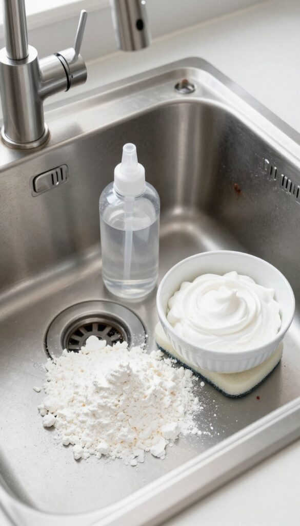 Cream of tartar and hydrogen peroxide paste being applied to rust stains on a stainless steel sink