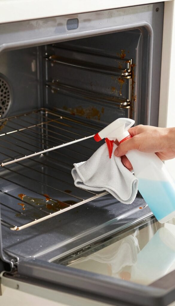 Oven interior with spray bottle and cloth wiping away baked-on grease