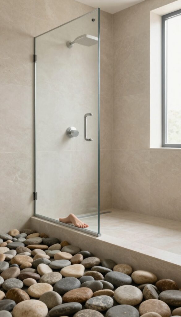 River rock shower foot rest ledge in a walk-in shower